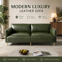 Canapé en cuir vert olive avec pieds dorés, design minimaliste et épuré, confort profond, robuste, élégant, moderne, pour salon