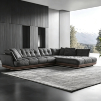 Canapé d'angle modulaire en tissu gris foncé capitonné avec base en bois massif pour grand salon moderne
