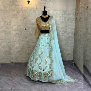 Vestidos Casuales Largos hasta el Suelo, Estilo Vintage Dulce, con Bordado a Máquina, Teñido Liso, Cintura Natural, Plisados, LAHENGA CHOLI DUPATTA FOUX - Product Image 1