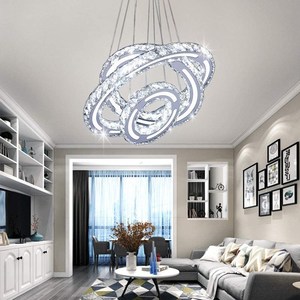 Lustre moderne en acier inoxydable avec pendentif en cristal, LED blanc chaud 3500K, dimmable, télécommande, pour salon et salle à manger - Product Image 4