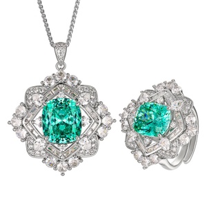 Vente en gros d'usine, ensemble de bagues et pendentifs en cuivre écologique, zircon vert Paraiba 14*16/10*12mm, magnifiques ensembles de bijoux pour femmes - Product Image 1