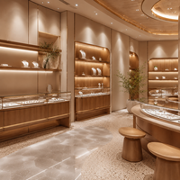 Meuble de présentation sur mesure pour bijouterie en bois naturel, éclairage LED moderne et luxueux, solution écologique pour l'aménagement complet de la boutique