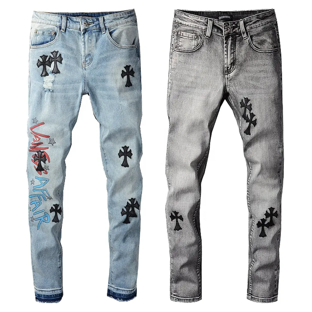 717 Trend design y2k clothing vintage streetwear denim jeans cross printed custom jeans pants for men skinny ripped jeans men