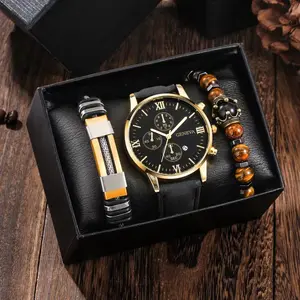 2023 Venta caliente pulsera de madera brazalete hombre moda 3 unids/set Acero inoxidable reloj de cuarzo conjunto y conjuntos de joyería para hombre