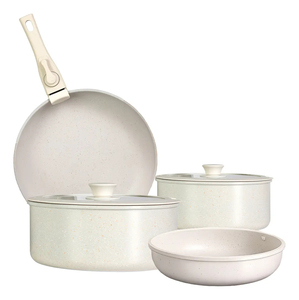Modern <b>Ceramic</b> Marble Coated Pot <b>Pan</b> Glass Lids Bakelite Handles Non-Stick Aluminum Cookware Set Gas Induction Ready 6-Piece - Product Image 1