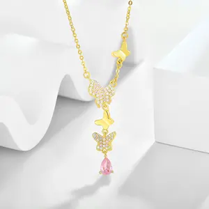 New Fashion Personality 925 Sterling Silver 18K Gold Pink Gemstone Butterfly Necklace Earring Jewelry Set Wholesale Jewelry