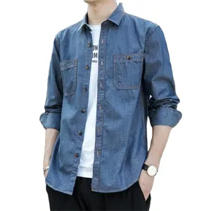 Autumn Quality Denim Long Sleeve Shirt Men Double Pocket Colorful Casual Fashion Men's Shirts Washed Jeans Plus Size Shirts