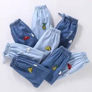 המותניים אלסטית ילדי מכנסיים ג 'ינס מכנסיים פעוטות ז' אן חליפות בנים ובנות חמוד פירות רקמת ג 'ינס ילד