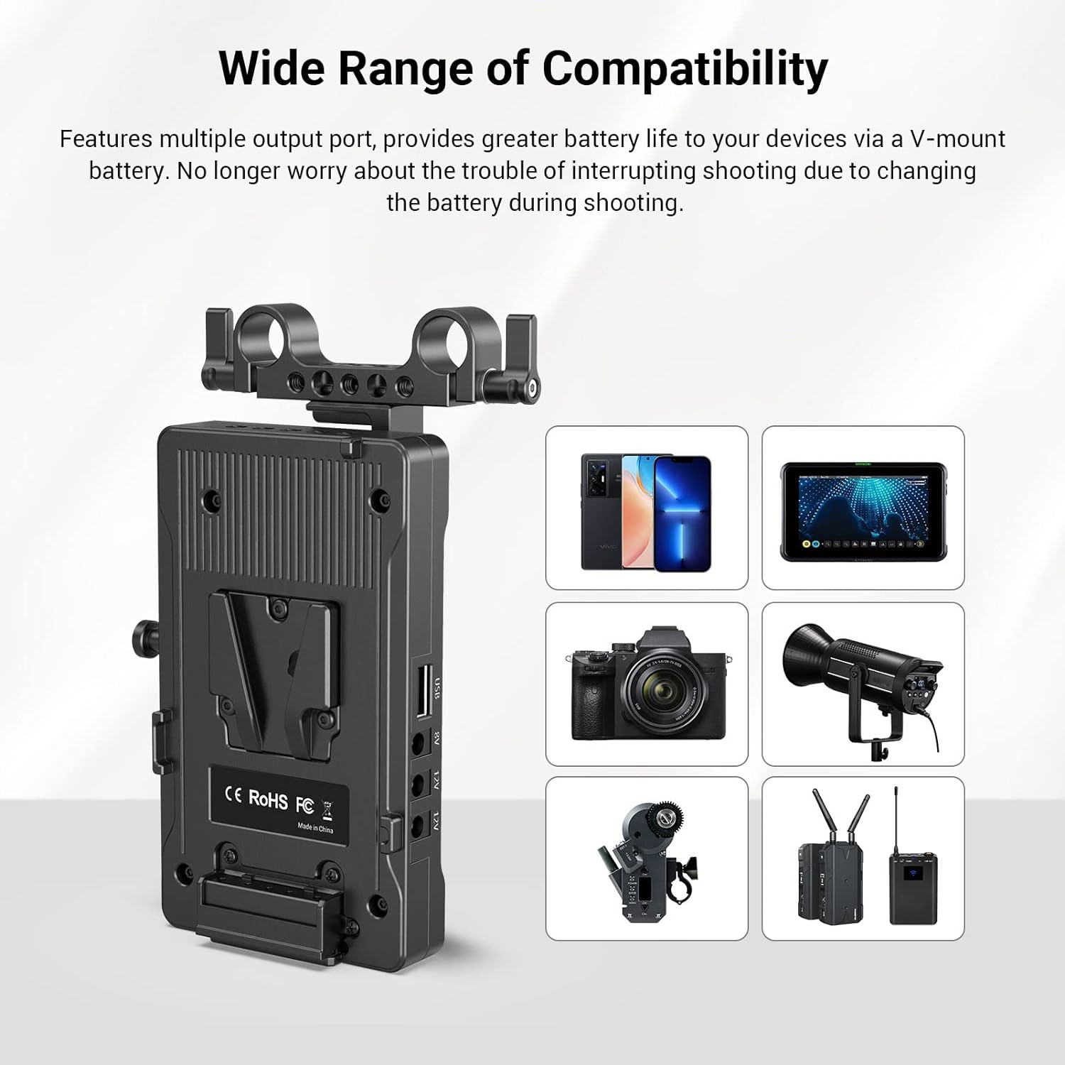 SmallRig Vマウントバッテリーアダプタープレート、15mmロッドクランプ