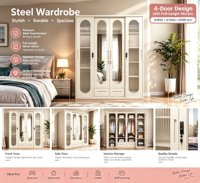 Armoire coulissante en acier améliorée kd, meuble de rangement personnalisé pour vêtements avec miroir, armoire de chambre à coucher avec tiroir