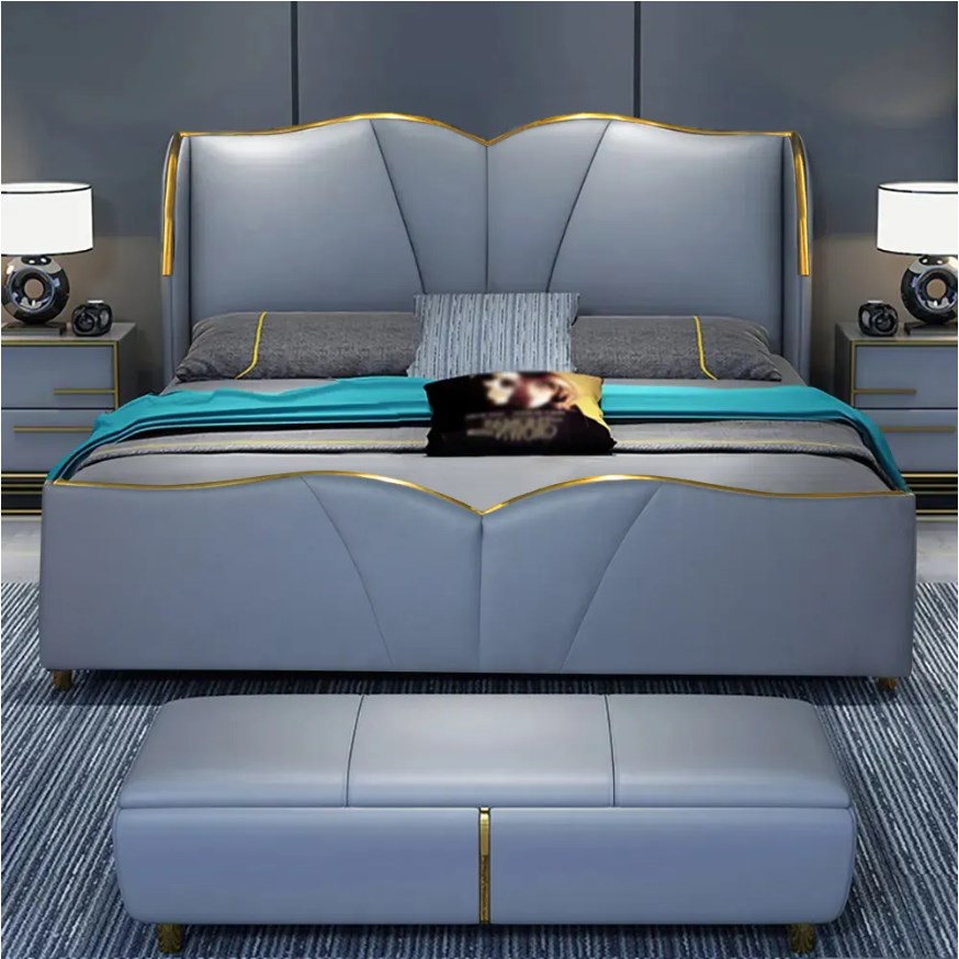 Blue queen faux leather upholstered bed frame low profile platform bed