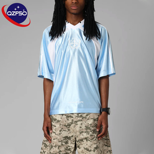 QZFSO Custom Men Satin Silk-like Football Shirt Raglan Sleeve Mesh Oversized Casual V-neck Tee Vintage Blokecore Soccer Jersey - Product Image 1