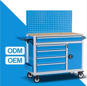 Chariot de rangement d'outils moderne en acier inoxydable robuste bleu, 1 porte, 5 tiroirs, chariot mobile pour atelier - Product Image 1