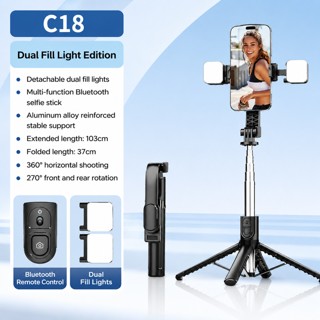 Vlogging Kit IPhone/Android 66.7' 5-Leg Aluminum Alloy Selfie Stick Tripod Fill Light Wireless Microphone Remote 360 Rotation