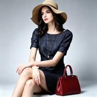 Robe fourreau en jean bleu marine pour femme, col rond, manches bouffantes, taille froncée, coupe ajustée, robe midi décontractée, tenue de travail élégante
