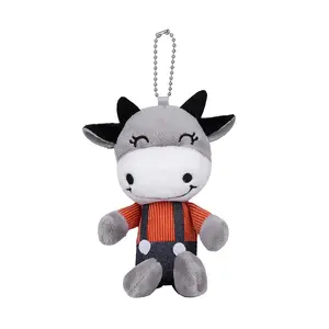 Cow Plush Keychain with jeans Custom Stuffed Animal Toy Soft Fur Soft Toy pendant Keyring for Kids Bag Purse Backpack