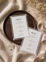 Menu en dentelle détaillé et romantique pour mariage en plein air, restaurant, anniversaire, célébration, banquet, réception, menu décoratif en papier
