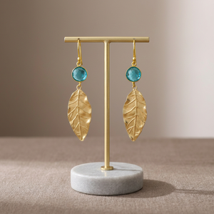 Pendientes Largos con Diseño de Hoja Chapados en Oro Vintage, con Piedra de Cuarzo Azul Claro, para Bodas y Fiestas - Product Image 2