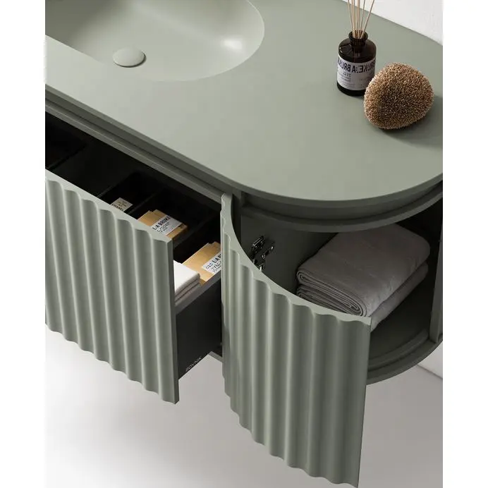 Nuevo Diseño Artesanal moderno personalizado hogar Baño curvo tocador MDF laca puerta con espejo Ideas