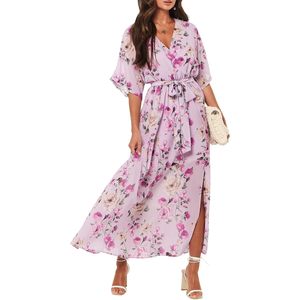 FOXA Womens Floral Maxi <b>Dress</b> V Neck Wrap <b>Boho</b> <b>Long</b> Beach Wedding Guest Summer Flowy Slit <b>Dress</b> - Product Image 1