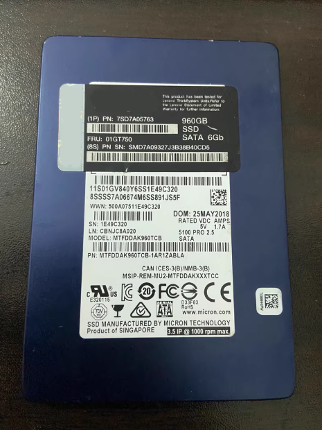 Used and Original 01GT750 Series 960GB SATA 6Gbps 2.5 Inch Enterprise SSD Clean Condition High Quality Fast Delivery