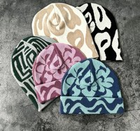 Bonnet en tricot jacquard abstrait, motif géométrique floral rétro, chapeau d'hiver unisexe chaud, style streetwear, pour commande en gros