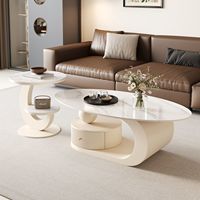 Juego de 2 Mesas de Centro Modernas Ovaladas de Piedra Sinterizada con Cajón de Almacenamiento, Base en Forma de C, Mesa de Centro para Sala de Estar con Mesa Auxiliar Lateral