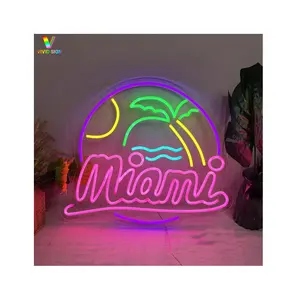 Miami Beach Palm Tree Wave Sun Wall Art Custom Bar LED Neon Sign Home Wall Lounge Party Decor Welcome Neon Signs