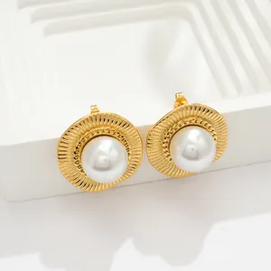 Hypoallergenic Fashion Chunky Stainless Steel Pearl Earrings For Women Luxury 18k Gold Plated Vintage Stud Earrings Jewelry