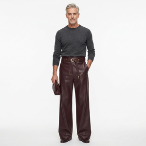 <b>Men's</b> brown High Waist Wide Leg genuine Leather Pants With Belt Smart Casual Autumn Wear - Product Image 1