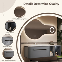 Meuble de bain suspendu gris en bois massif, plan en pierre frittée, vasque céramique, étagère ouverte et miroir LED asymétrique