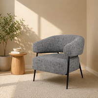 Fauteuil d'appoint moderne en tweed sel et poivre avec pieds en métal noir, chaise rembourrée à dossier flottant pour salon
