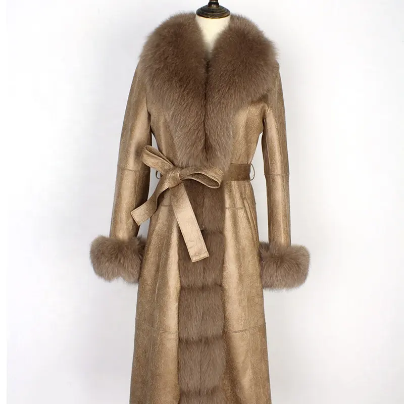 X-long-chaqueta de cuero con cinturón para mujer, cuello de piel auténtica, elegante, piel de zorro real, novedad