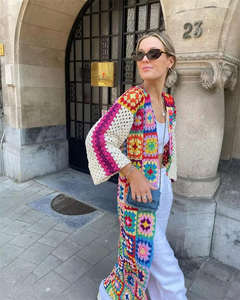 Otoño nuevo Retro hecho <span class=keywords><strong>a</strong></span> mano abuela patrón ganchillo hueco medio largo tejido cárdigan suéter de mujer - Product Image 3