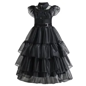 Kızlar çarşamba elbise çocuklar prenses giyinmek kostüm siyah Addams aile kostümleri cadılar bayramı Cosplay parti elbise peruk ile