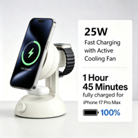 Chargeur de voiture sans fil magnétique 3-en-1 à charge rapide 25W QC3.0/PD, en alliage d'aluminium et ABS, avec refroidissement par ventilateur, support pour grille d'aération de téléphone