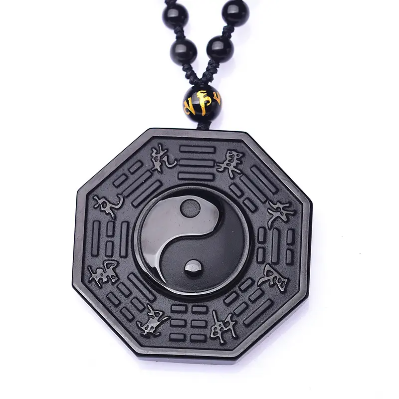 Verstellbare Naturstein schwarz Obsidian geschnitzt TaiJi Yin Yang Anhänger Halskette für den Menschen