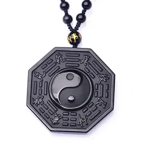 Adjustable Natural Stone Black Obsidian Carved TaiJi Yin Yang Pendant Necklace For Man