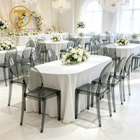 Chaise d'extérieur empilable moderne noire en plastique acrylique à dossier ouvert, chaise Ghost pour hôtel avec pieds coniques pour banquets, mariages et événements