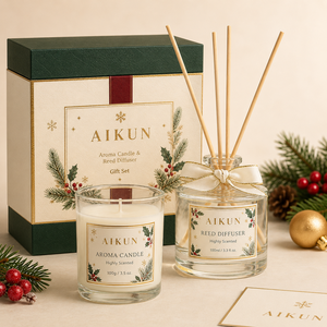 Aikun - Juego de Regalo de Fragancia para el Hogar con Difusor de Vidrio Transparente de 100 ml y Vela Aromática de 100 g, en Caja Rígida Personalizada para Venta al por Menor Navideña - Product Image 1