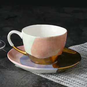 Paradise color porcelain tea cup set mixed colors glaze golden decor hand painted ceramic cup and saucer