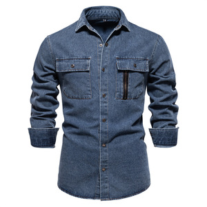 Chemise en jean pour hommes, manches longues, décontractée, col rabattu, couleur unie, vêtements de travail - Product Image 1