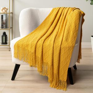 Couverture de lit en tricot doux jaune <span class=keywords><strong>moutarde</strong></span> pour canapé légère <span class=keywords><strong>et</strong></span> texturée Boho pour l'automne pour le salon Couverture d'extérieur - Product Image 5