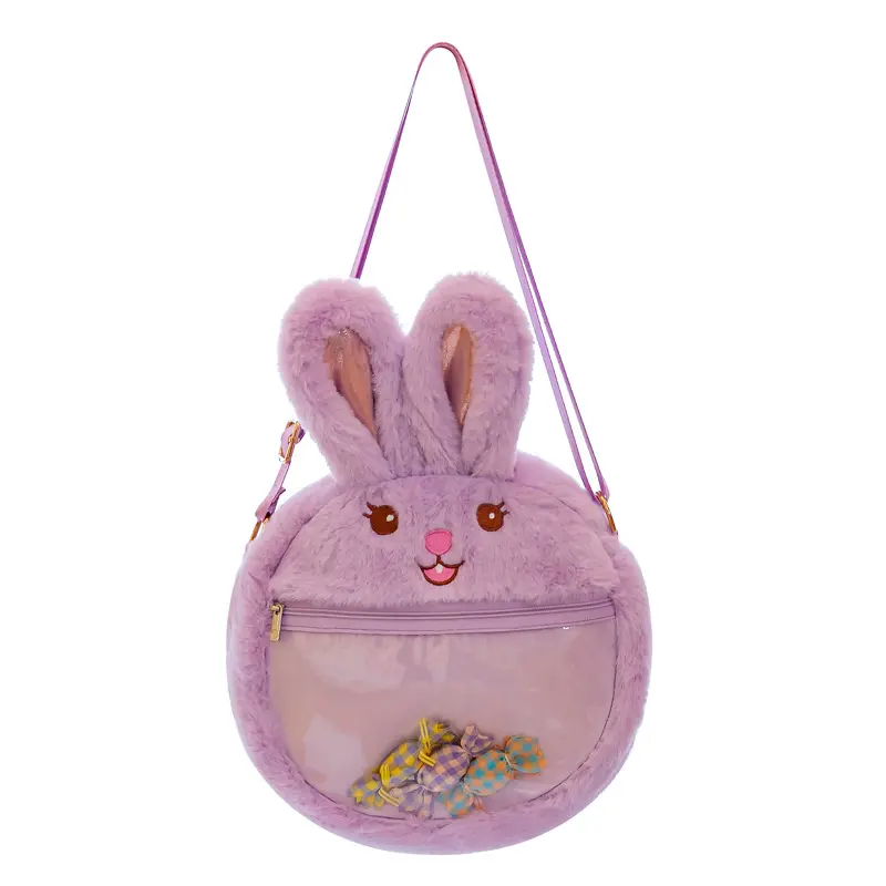 Ita Bag Manufacturer Custom Fake Fur Crossbody Ita Bag Cute Clear Window Pins Display Bunny Shaped Itabag For Girls