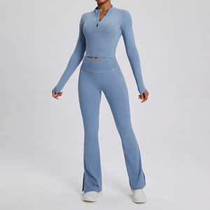 Ensemble de yoga bleu uni pour femme : short taille haute, haut court à manches longues, poches à cordon, respirant, extensible, écologique, vêtements de sport - Product Image 1