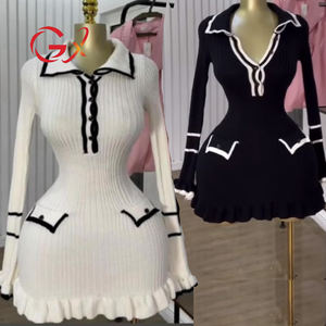 GX2200A moda primavera autunno <span class=keywords><strong>abito</strong></span> Casual Color Patchwork con colletto a V manica lunga svasata Mini abiti da sera <span class=keywords><strong>in</strong></span> <span class=keywords><strong>maglia</strong></span> Slim Fit - Product Image 4