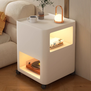 Simple Cream Nightstand With Led Lighting Movable Storage Cabinet For Living Room Sofa Side Table - Product Image 1