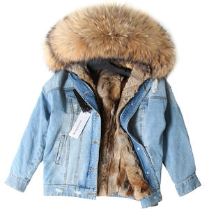 Parka in Denim cappotto in pelliccia Jeans Parka pelliccia di procione <span class=keywords><strong>giacca</strong></span> da donna con pelliccia di procione con cappuccio, abbigliamento invernale Plus Size - Product Image 3