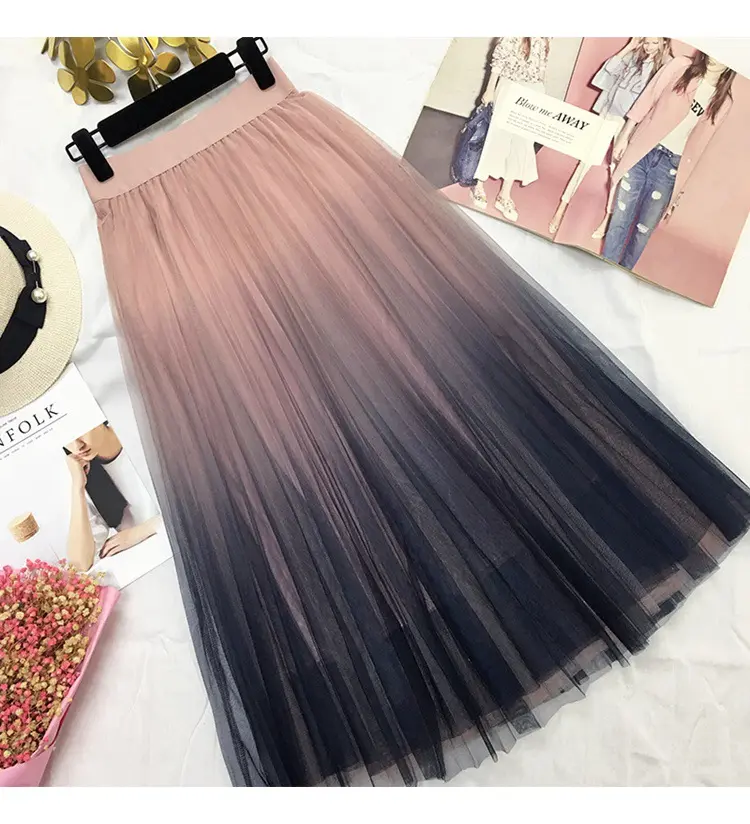 2023 Factory OEM ODM Long Tulle Skirt Women Summer New Gradient Korean Elegant High Waist A-Line Pleated Midi Skirt