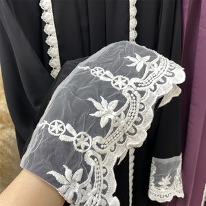 1405# Popular Eid Nida Material Flower <b>Lace</b> Border Classy Simplicity <b>White</b> Embroidery Women Open Abaya Have Pockets - Product Image 5